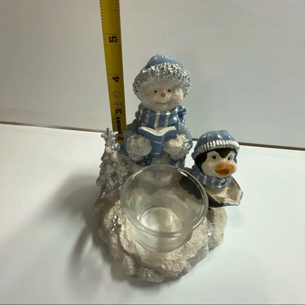 Snowman and Penguin holiday winter blue silver votive candle holder